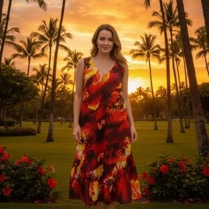 Vintage Helena's Vibrant Palm Print Midi Dress. Size XL.Like New. Made in Hawaii
